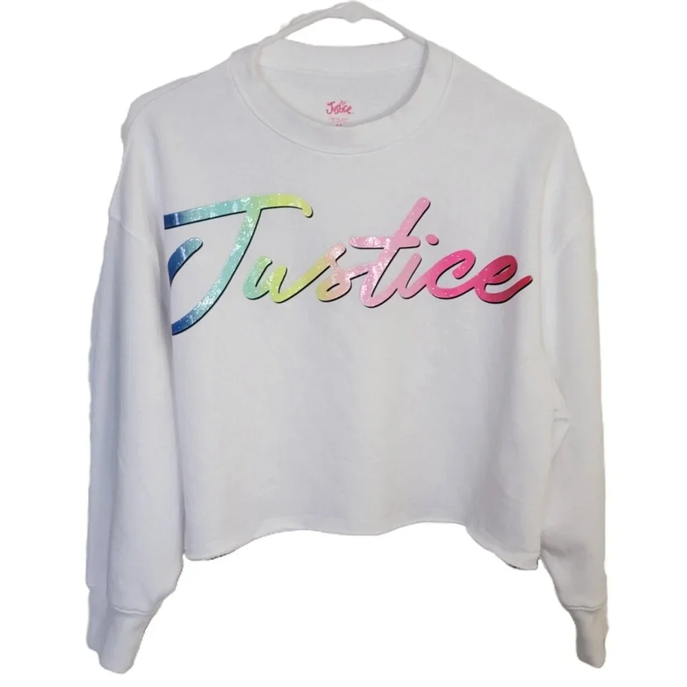 Justice Girls Cropped Sweatshirt Size M (10) Graphic Raw Hem Long Sleeve